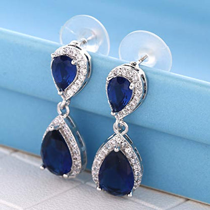 Pave Teardrop Earrings for Wedding Sterling Silver Double Pear Shaped CZ Cubic Zirconia Crystal Rhinestone Birthstone Dangle Earrings Bridal Jewelry for Bride Bridesmaids - color: Royal Blue Sapphire