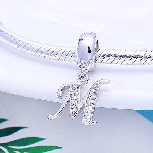 925 Sterling Silver Charms Alphabet Beads fit Pandora Charm Bracelets A-Z Letter Initial Spacer Dangle Clear CZ Stone Authentic for Snake Chain Bracelets - color: M
