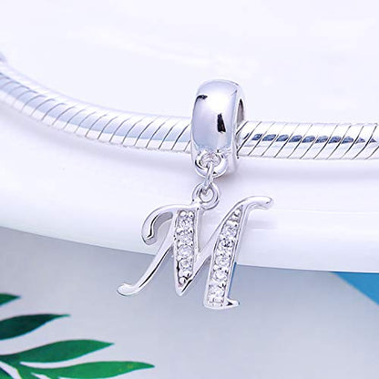 925 Sterling Silver Charms Alphabet Beads fit Pandora Charm Bracelets A-Z Letter Initial Spacer Dangle Clear CZ Stone Authentic for Snake Chain Bracelets - color: M