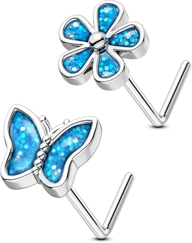 OUFER 2PCS Stainless Steel Nose Rings, Moon Star Butterfly Design 20G Nostril Dangle Piercing Jewelry - 7MM - style: Glitter Butterfly Butterfly