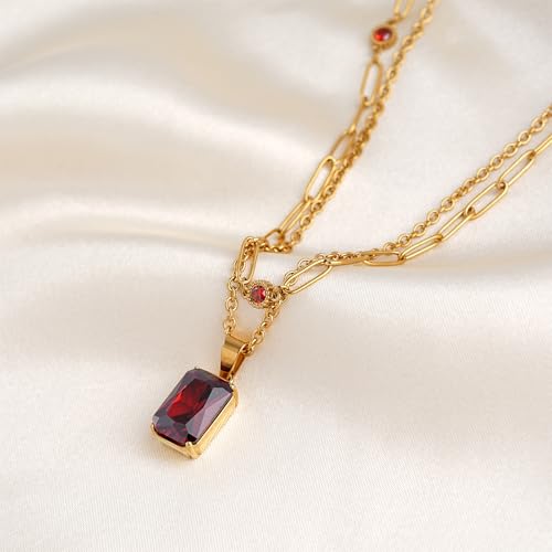 Birthstone Layered Pendant Paperclip Necklace 18k Gold Plated Heart Choker Chain Necklace Emerald Cut Jewelry Birthday Gift for Women - color: Emerald-Cut Ganet