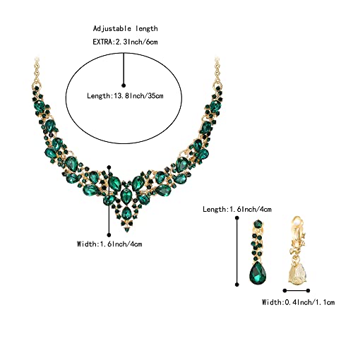 Wedding Statement Necklace Clip-on Earrings Jewelry Set | Sparkling Austrian Crystal Teardrop Cluster for Party Prom Accessories - color: 14-Emerald Color Gold-Tone
