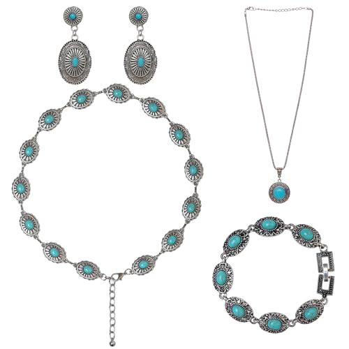 Fumwase 4 Pieces Bohemian Turquoise Jewelry Set Chain Waist Belt Turquoise Necklace Vintage Turquoise Dangle Earrings and Bracelet Western Jewelry for Women Vintage Retro Boho Jewelry Set (Fresh Style)