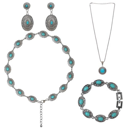 Fumwase 4 Pieces Bohemian Turquoise Jewelry Set Chain Waist Belt Turquoise Necklace Vintage Turquoise Dangle Earrings and Bracelet Western Jewelry for Women Vintage Retro Boho Jewelry Set (Fresh Style)