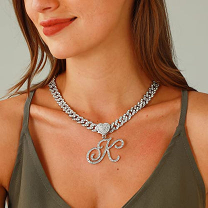 Initial Necklaces Silver Cuban Link Chain for Women Iced Out Chain with Heart Letter Pendants Custom Chain Name Necklace Hip Hop Jewelry Gift - color: K