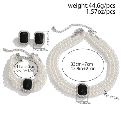 Wekicic Faux Pearl Necklace Earrings Set for Women Crystal Pearl Choker Necklace Bracelet Set 1920s Jewelry for Wedding Party - color: Black