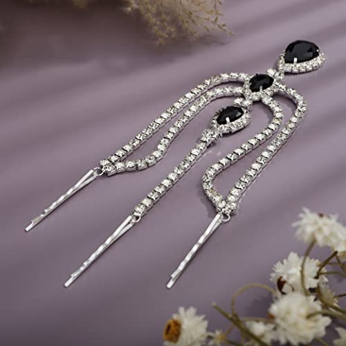 Bohemian Full Silver Rhinestone Chain Black Crystal Head Chain Clip Drop Pendant HeadPieces Forehead Headband Hair Accessories for Wedding Brides Party Prom Costume (Silver Black) - color: Silver Black