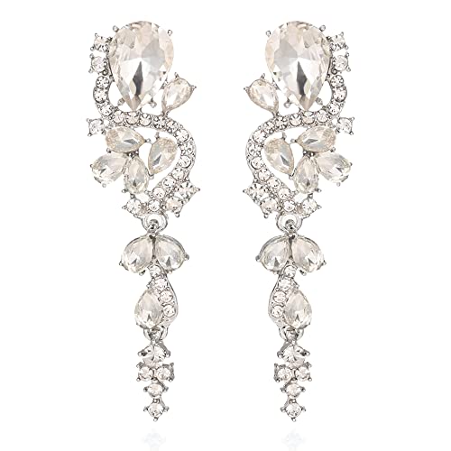 Fashion Rhinestone Statement Drop Dangle Earrings Long Colorful Crystal Bridal Wedding Teardrop Chandelier Earrings for Women Prom Pageant - color: Clear-silver