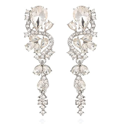 Fashion Rhinestone Statement Drop Dangle Earrings Long Colorful Crystal Bridal Wedding Teardrop Chandelier Earrings for Women Prom Pageant - color: Clear-silver