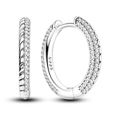 Parmuz 925 Sterling Silver Earrings Hoops for Women Ladies Simple Lightweight Twisted Medium Hoop Earrings With Cubic Zirconia Hypoallergenic Jewelry for Her - color: Pave Hoop earring