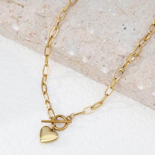 Chunky Gold Necklace for Women, 18K Waterproof Heart Necklace Statement Necklace Gold Charm Necklace Chunky Jewelry Paperclip Chain Choker Gift for Women - style: OT Chain Heart