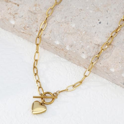 Chunky Gold Necklace for Women, 18K Waterproof Heart Necklace Statement Necklace Gold Charm Necklace Chunky Jewelry Paperclip Chain Choker Gift for Women - style: OT Chain Heart
