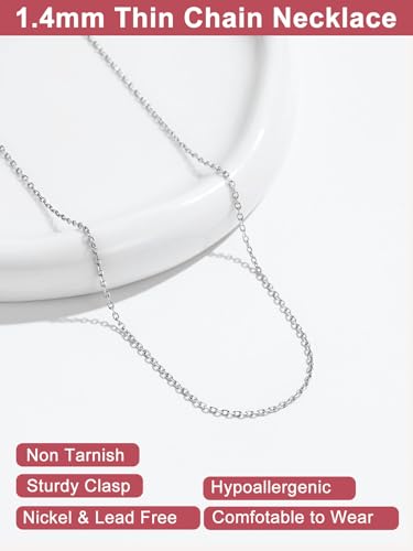 FOCALOOK Womens Chain Necklace, 1/1.4/2mm Thin Cable Link Necklace Chain | Hypoallergenic 316L Stainless Steel, Non Tarnish, Sturdy Chain for Pendants, 14K Gold Plated/Silver/Rose Gold/Black, 14-30" - color: 1.4mm Silver, size: 22 Inch