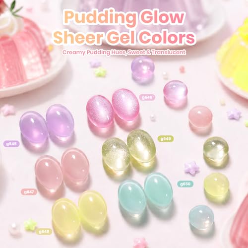 Beetles Jelly Gel Nail Polish Set, 6 Colors Pastel Cat Eye Gel Polish | Blue Purple Yellow Green Glitter Gel with Magnet Sticker Soak Off UV Gel Nail Art Salon DIY at Home Gift for Women - color: Soft Glow Pudding