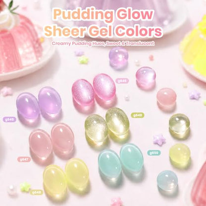 Beetles Jelly Gel Nail Polish Set, 6 Colors Pastel Cat Eye Gel Polish | Blue Purple Yellow Green Glitter Gel with Magnet Sticker Soak Off UV Gel Nail Art Salon DIY at Home Gift for Women - color: Soft Glow Pudding
