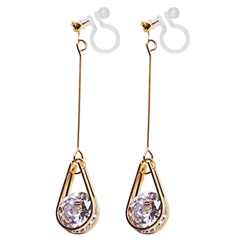 Drop Cubic Zirconia Invisible Clip On Earrings for Women Not Pierced Gold Teardrop Sqaure CZ Crystal Dangle Gold Silver Comfortable Clip On Earrings Bridal Wedding Prom - color: Teardrop 1 Gold