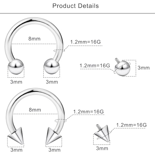 Lcolyoli 16g Septum Rings Internally Threaded Surgical Steel Septum Jewelry Lip Rings Hoop Labret Jewelry Snake Bite Piercing Jewelry Horseshoe Earrings Daith Piercing Jewelry for Women Men - color: 16g,Inner diameter:8mm,silvertone