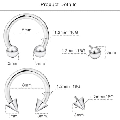 Lcolyoli 16g Septum Rings Internally Threaded Surgical Steel Septum Jewelry Lip Rings Hoop Labret Jewelry Snake Bite Piercing Jewelry Horseshoe Earrings Daith Piercing Jewelry for Women Men - color: 16g,Inner diameter:8mm,silvertone