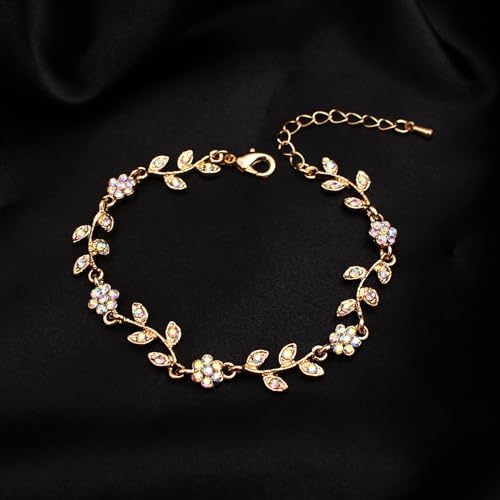 Austrian Crystal Rhinestone Choker Necklace Dangle Earring Link Bracelet Jewelry Set for Brides Bridesmaid Prom Costume Accessories for Women - color: AB Crystal-Gold Plated