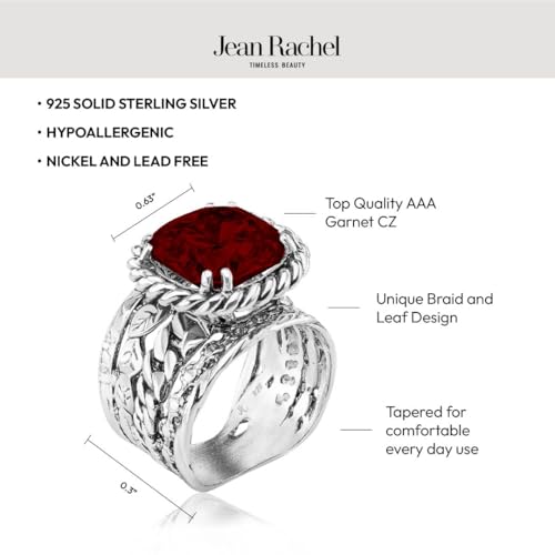 JEAN RACHEL JEWELRY 925 Sterling Silver Braid Leaf Cushion Ring | Ornate statement ring beautifully adorned with sculpted leaf motifs, twisted rope braids, and a CZ center stone. - color: Garnet CZ