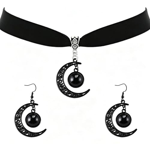ONLYJUMP Gothic Witch Moon Earrings Necklace Set for Women Goth Black Velvet Moon Choker Necklace Moon Zirconia Dangle Drop Earrings Dark Halloween Witch Vampire Jewelry - color: Black
