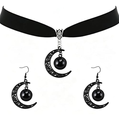 ONLYJUMP Gothic Witch Moon Earrings Necklace Set for Women Goth Black Velvet Moon Choker Necklace Moon Zirconia Dangle Drop Earrings Dark Halloween Witch Vampire Jewelry - color: Black