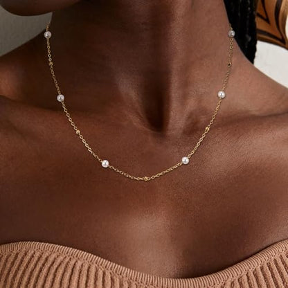 Dainty Pearl Necklace for Women Gold Plated Bridal Wedding Jewelry Trendy Cute Lariat Pearl Pendant Drop Charm Choker Stackable Necklace Gift for Women Mom Sister Daughter - color: H.Pearl Gold Beads