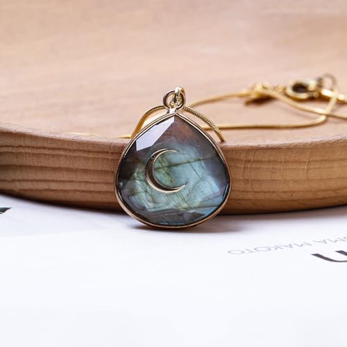 Da Piao Liang Labradorite Crescent Moon Energy Necklace, Healing Crystal Pendant With Stainless Steel Chain, Spiritual Jewelry - color: Gold