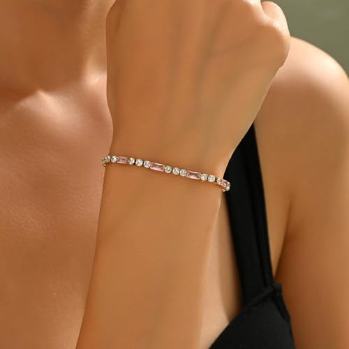 Tennis Bracelet for Women 18K Gold Plated White Red Green Black Blue Pink 3mm Cubic Zirconia Bracelet Dainty Diamond Adjustable Bracelet Trendy Jewelry Gift - color: Pink Tennis-Gold