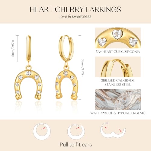 Gold Dangle Earrings for Women,Horseshoe Hoop Huggie Earrings with Heart Cubic Zirconia Hypoallergenic Lightweight Dangling Earrings Lucky Jewelry Gifts Perfect for Christmas,Birthday,Anniversary - style: Heart Horseshoe