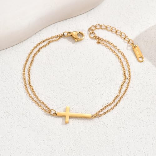 18K Gold Plated Pearl Beaded Cross Bracelets for Women Adjustable Stainless Steel Dainty Thin Gold Box Cuban Twisted Link Chain Bracelet Bridesmaid Jewelry Gifts - color: Double O Cross-Gold
