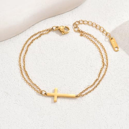 18K Gold Plated Pearl Beaded Cross Bracelets for Women Adjustable | Stainless Steel Dainty Thin Gold Box Cuban Twisted Link Chain Bracelet Bridesmaid Jewelry Gifts for Birthday, Anniversary - color: Double O Cross-Gold