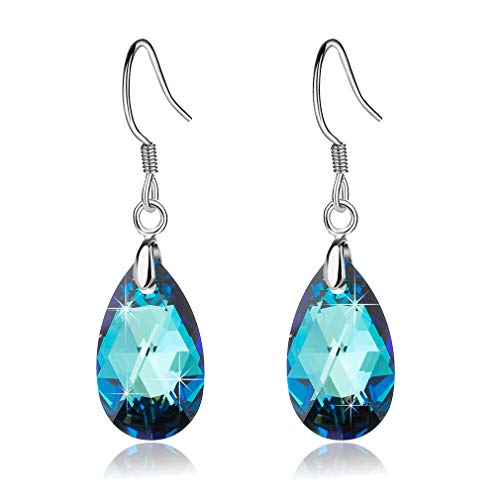 Austrian Crystal Teardrop Drop Earrings for Women, French Hook | 925 Sterling Silver Hook, Crystal Dangle Earrings, Sparkly Teardrop Stone, Lightweight Feel, Day-To-Evening Wear - color: Bermuda Blue