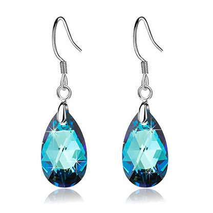 Austrian Crystal Teardrop Drop Earrings for Women, French Hook | 925 Sterling Silver Hook, Crystal Dangle Earrings, Sparkly Teardrop Stone, Lightweight Feel, Day-To-Evening Wear - color: Bermuda Blue