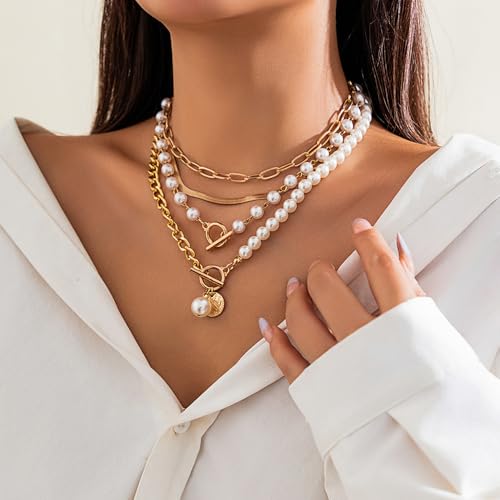 Chunky Pearl Layered Necklaces for Women Gold Big Statement Choker Necklace Set Charm Pearl Coin Pendant Necklace Trendy Jewelry Accessories Gifts - color: Gold1