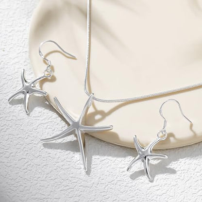 3 Circles Silver Hoop Earrings Necklace Set for Women Geometric Jewelry Set | 925 Silver Hypoallergenic Small Hoop Circle Geometry Textured Finish Minimalist Style Comfortable Wear - style: Starfish