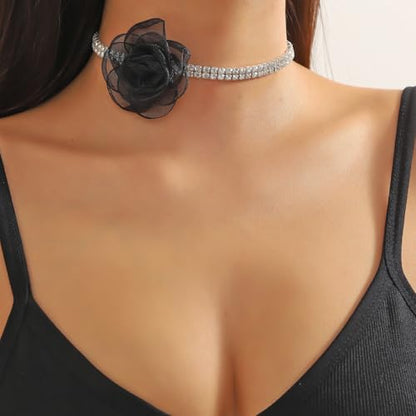 Rose Black Velvet Floral Choker Necklace - Camellia Daisy Rosette - Spring Summer Flower Jewelry - color: Black3