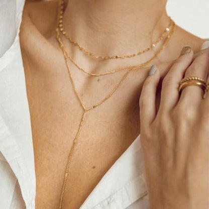 Lariat Gold Necklace for Women, Dainty Long Necklace 14k Gold Plated/Silver Y-Shaped Pendant Necklace Trendy Layered Cz Beaded Chain Drop Necklaces Simple Gold Jewelry for Women Gift - style: LC-2NK-22205-GDW