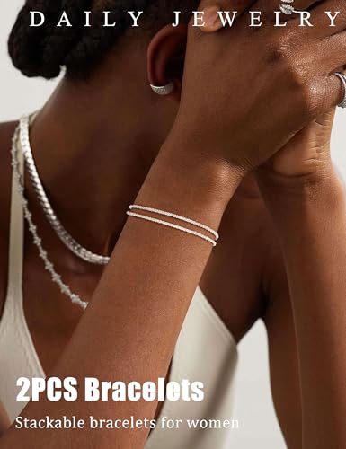KOHOTA Silver Gold Bracelets for Women Trendy 14K Gold Plated Bracelet for Women Non Tarnish Dainty Stackable Layered Chain Heart Pearl Knot Beaded Bracelets Stack Set Charm Mothers Day Jewelry Gifts - color: E.Layered-silver