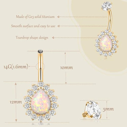 AROWRO Gold Belly Button Ring G23 Titanium Hypoallergenic 14G belly ring for Women Men Teardrop Navel Piercing Jewelry 10mm Barbell With Cubic Zircon - color: Gold+White Opal