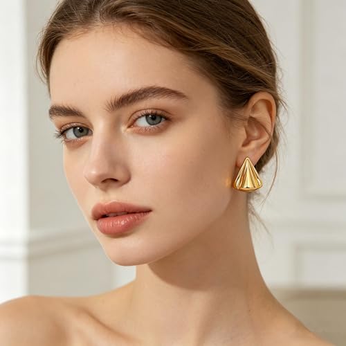 Gold Statement Earrings For Women, 14K Gold Plated Textured Geometric Drop Earrings - Hypoallergenic Stainless Steel Statement Earrings for Women, Waterproof Fan-Shaped Dangle Earrings for Beach & Daily Wear - color: Triangle DKE252101GL