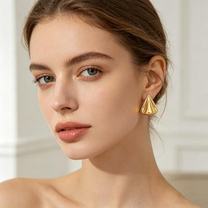 Gold Statement Earrings For Women, 14K Gold Plated Textured Geometric Drop Earrings - Hypoallergenic Stainless Steel Statement Earrings for Women, Waterproof Fan-Shaped Dangle Earrings for Beach & Daily Wear - color: Triangle DKE252101GL