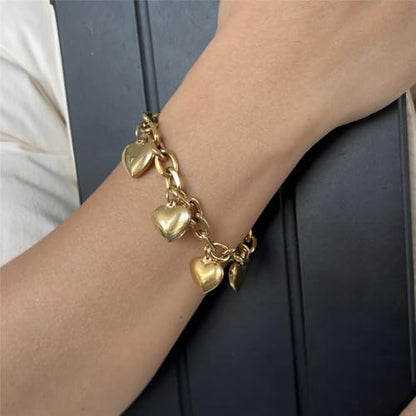 Stainless Steel Heart Charms Bracelet for Women | Chain Tassel, Love Charms, Chunky Link, Romantic Gift - color: Gold