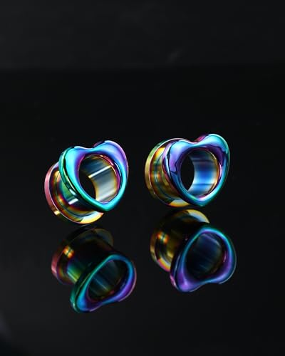 Jewseen 2PCS Rainbow Heart Ear Gauges Plugs Tunnels 316L Stainless Steel Ear Expander Piercing Jewelry