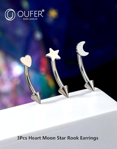 OUFER Rook Piercing Jewelry, G23 Solid Titanium Eyebrow Rings, Heart Vertical Labret Lip Jewelry, 16G Curved Barbells, Daith Rook Earrings for Women Men - color: Silver 3pack, size: 16G 8mm