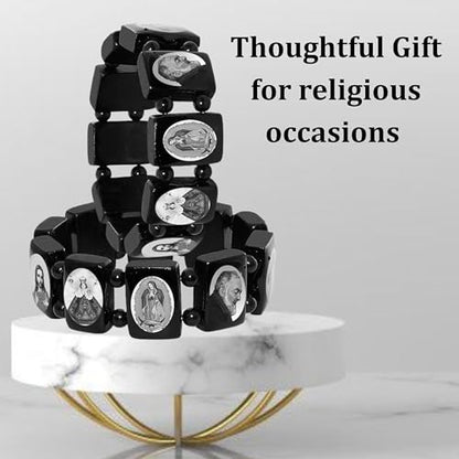 Catholica Shop Devotional Catholic Religious Wood Stretch Bracelets. Small and Large Panels with Assorted Images of Saints, Jesus and Mary. Unisex. Handcrafted in Brazil - style: B&W L Panel