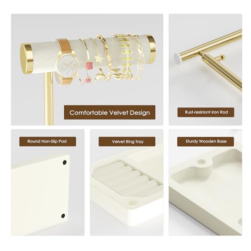 SZQINJI 5 Tier Jewelry Holder Organizer, Gold Necklace Stand Display, Beige | Velvet Bracelet Holder, Adjustable Height Jewelry Display for Necklaces, Bracelets, Earrings, Rings, Gift Idea for Women - color: Beige