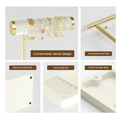 SZQINJI 5 Tier Jewelry Holder Organizer, Gold Necklace Stand Display, Beige | Velvet Bracelet Holder, Adjustable Height Jewelry Display for Necklaces, Bracelets, Earrings, Rings, Gift Idea for Women - color: Beige