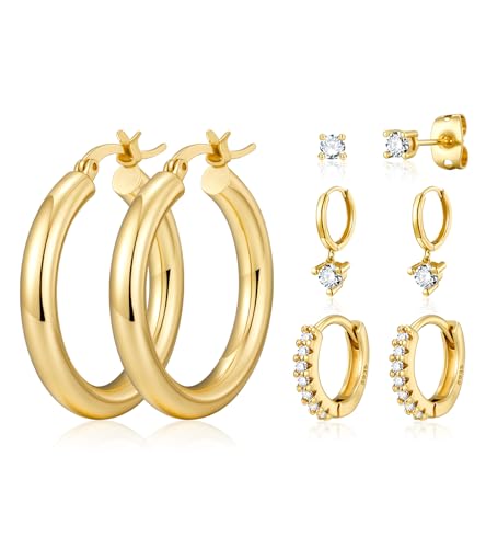 wowshow Gold Hoop Earrings for Women Chunky Hoops 14K Gold Plated Thick Hollow Tube Lightweight Earrings for Mother Birthday Gifts 20/25/30/40/50MM - color: Gold-30mm+10mm+8mm+stud
