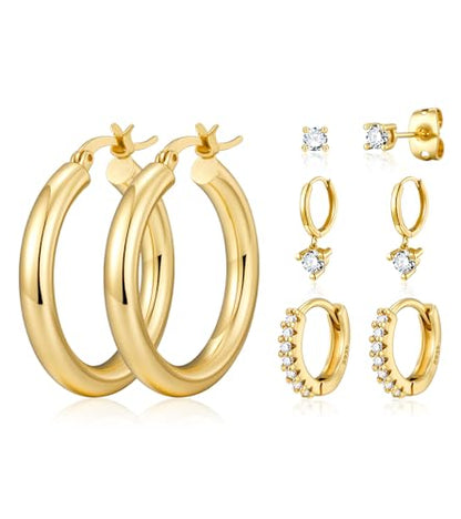 wowshow Gold Hoop Earrings for Women Chunky Hoops 14K Gold Plated Thick Hollow Tube Lightweight Earrings for Mother Birthday Gifts 20/25/30/40/50MM - color: Gold-30mm+10mm+8mm+stud